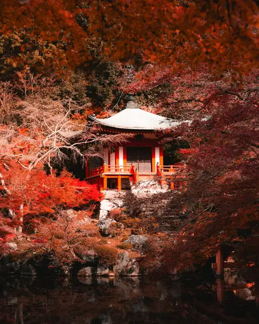 Pabellón de un templo entre arces rojos, junto a un estanque, en otoño