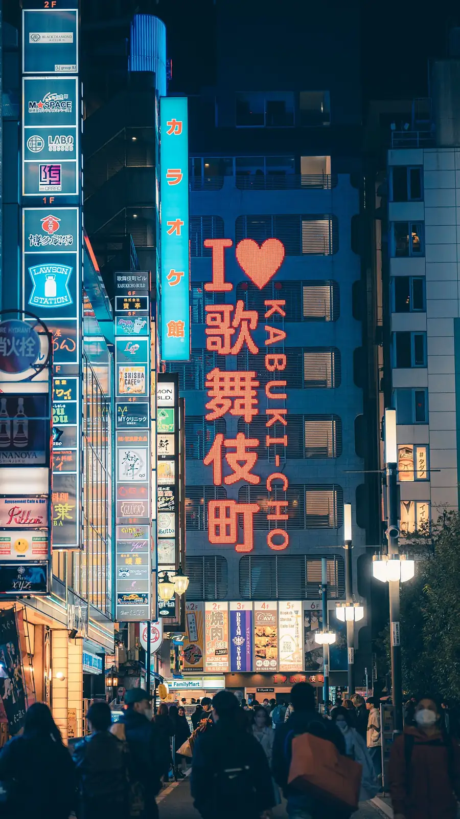 Rótulo luminoso de Kabukichō sobre una calle llena de carteles, de noche, en Shinjuku
