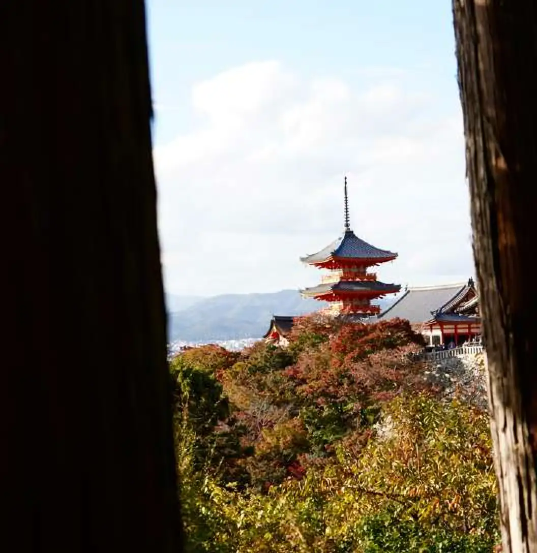 La pagoda del templo Kiyomizu-dera entre arces de otoño, en Kioto